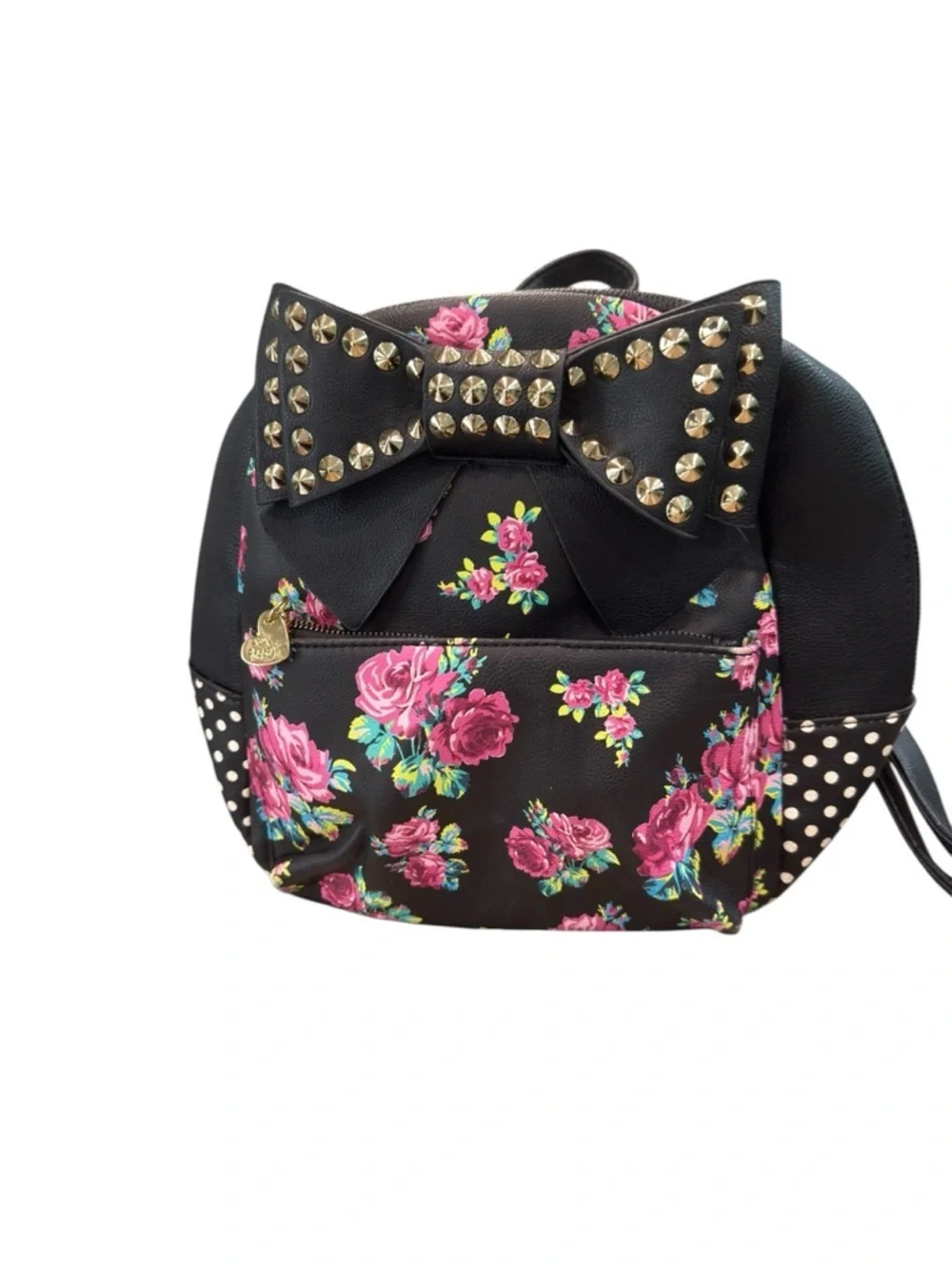 Betsy Johnson BLack Studded Bow Miniature Floral Polka Dot Backpack  Kitsch